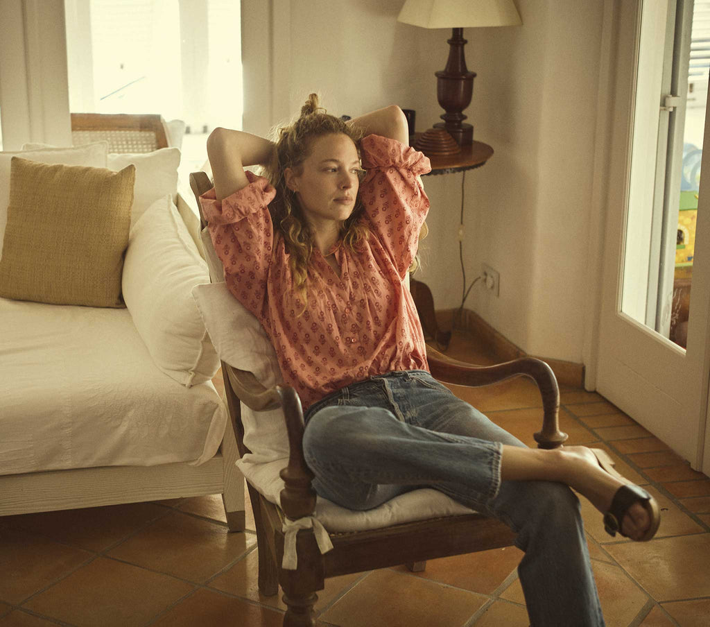 HMD -- THE JANE BLOUSE -- PINK SUNFLOWER BLOCK PRINT