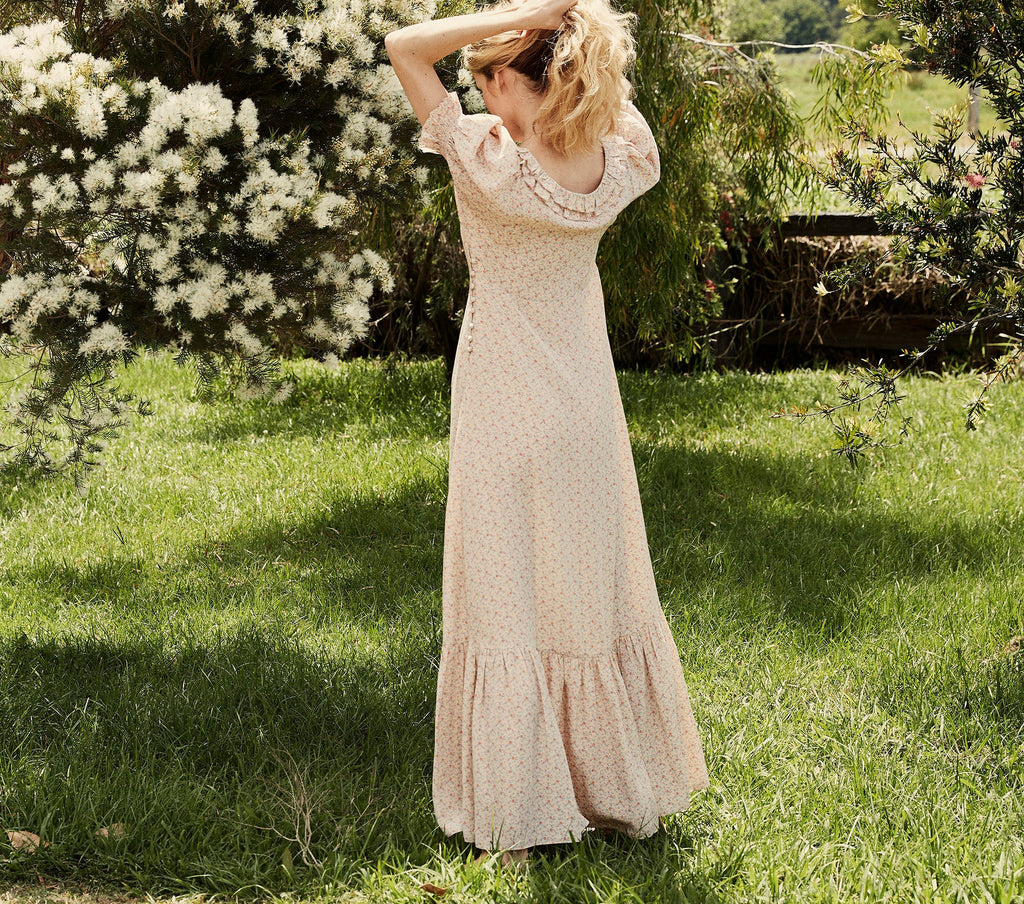 HMD -- OLIVE DRESS -- PEACH MARTHA'S GARDEN PRINT