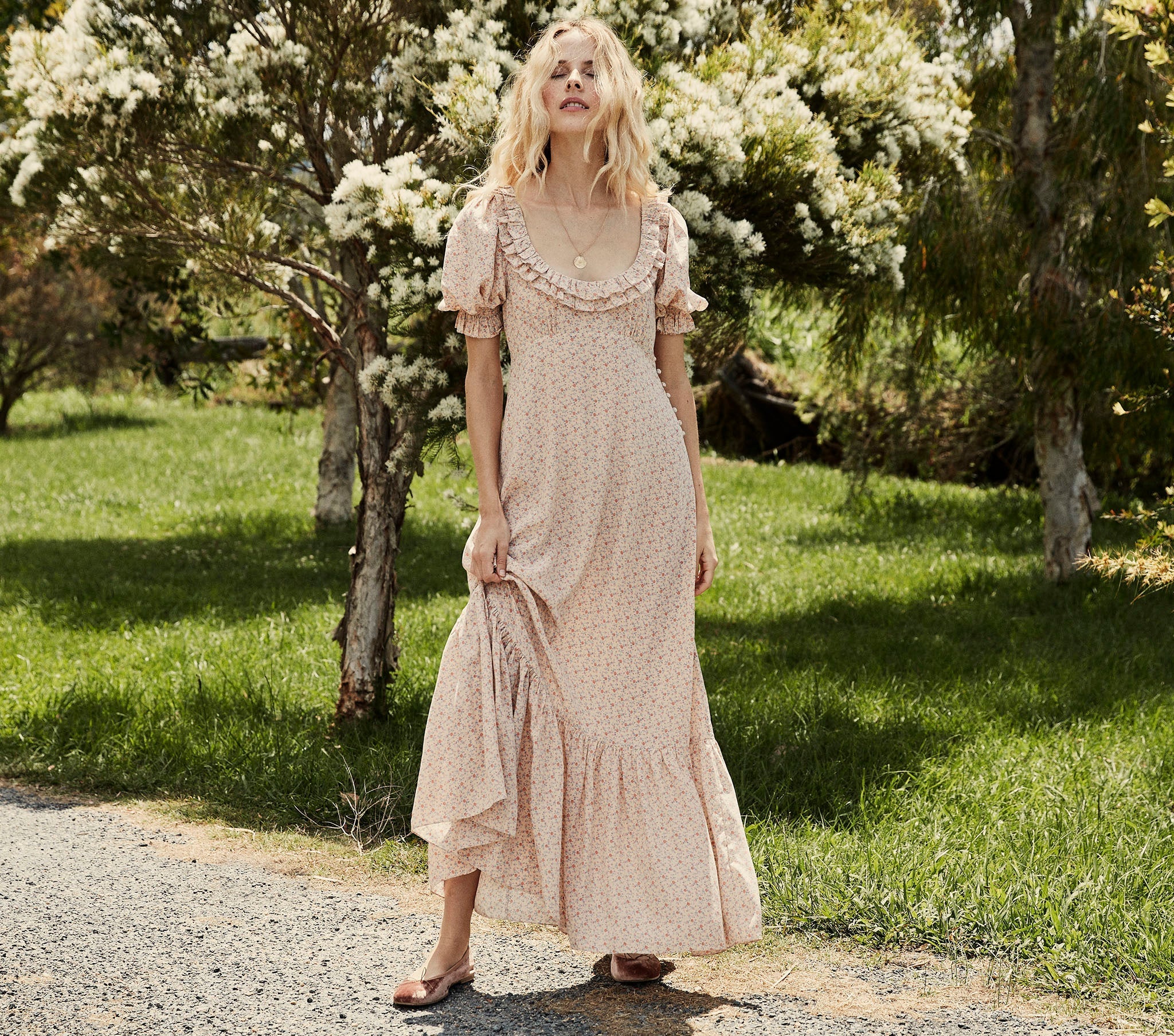 HMD -- OLIVE DRESS -- PEACH MARTHA'S GARDEN PRINT