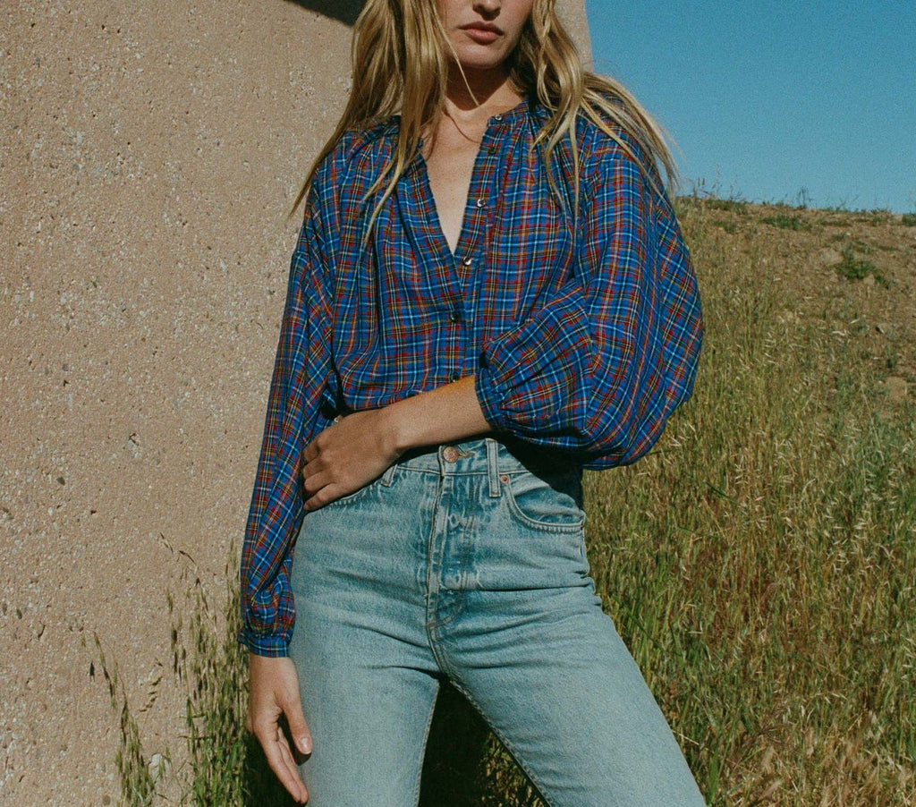 HMD -- THE JANE BLOUSE -- AZURE FRENCH PLAID