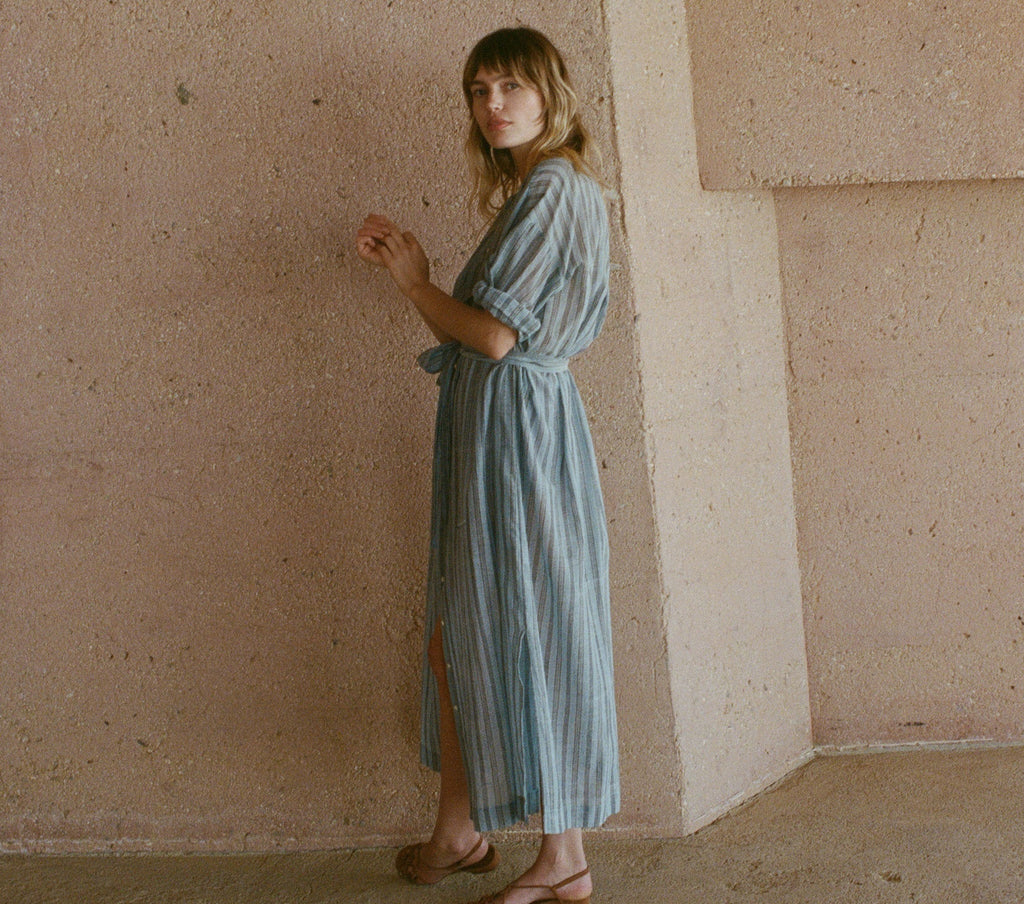 HMD -- JOAN DRESS -- INDIGO STRIPE