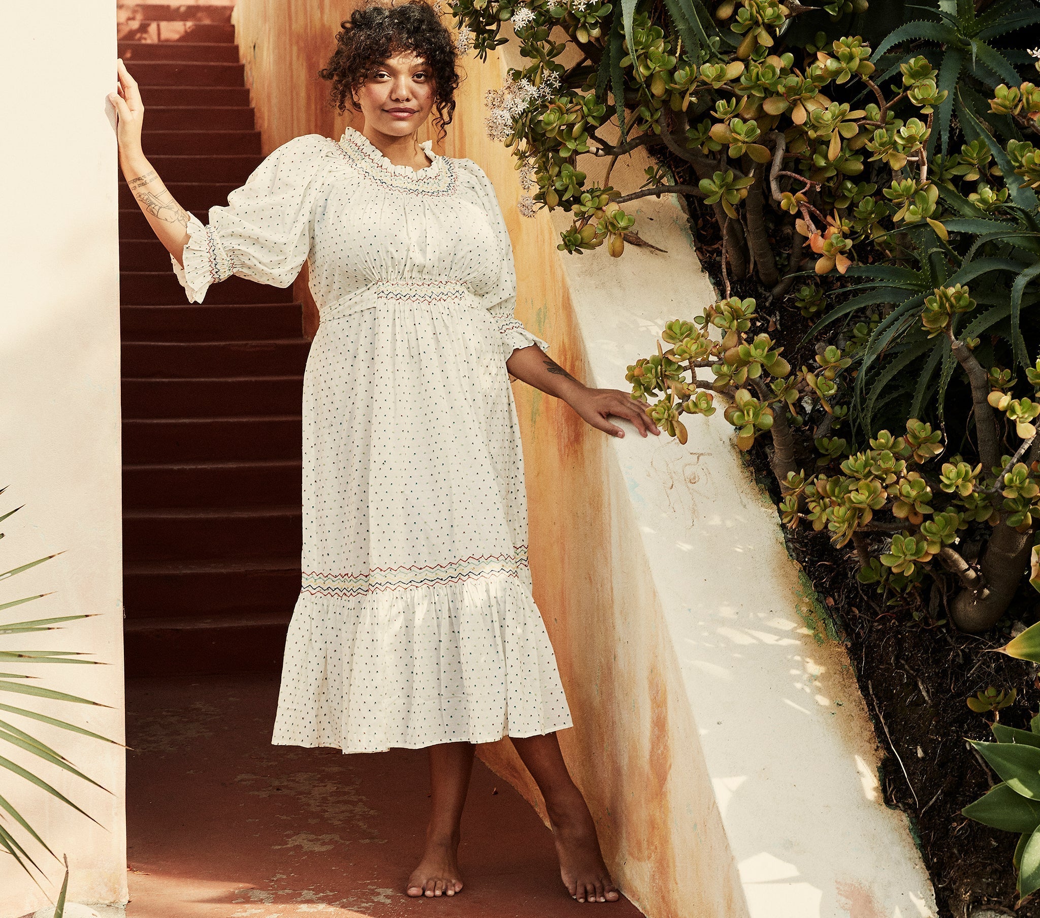 HMD -- MARINA DRESS -- WHITE W/ MULTI EMBROIDERY