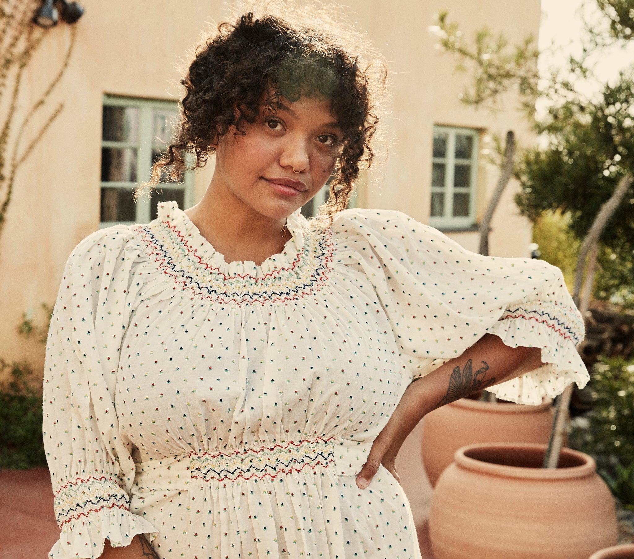 HMD -- MARINA DRESS -- WHITE W/ MULTI EMBROIDERY